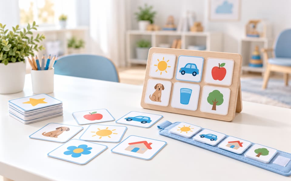 Pictogramas, tablero y agenda visual de comunicación sobre una mesa de trabajo